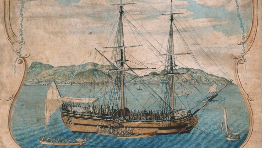 Cette aquarelle représente la vente à bord du 3e voyage, effectué en 1772, concernant 340 captifs. Elle donne aussi le détail de la mise hors et du résultat de l'opération, ainsi qu'une vue en coupe du navire, montrant la spécificité d'un navire négrier (entrepont, 